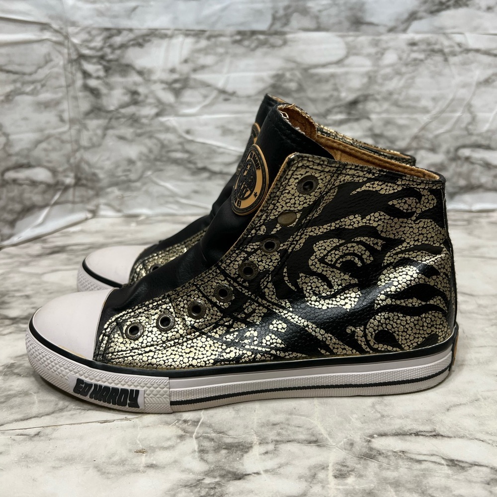 Ed hardy high top sneakers black and gold rose size 7